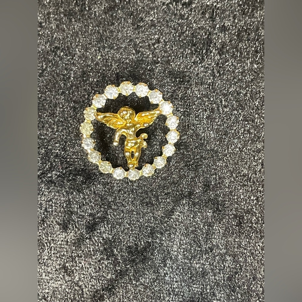 Gold Angel label pin with Crystal Accents